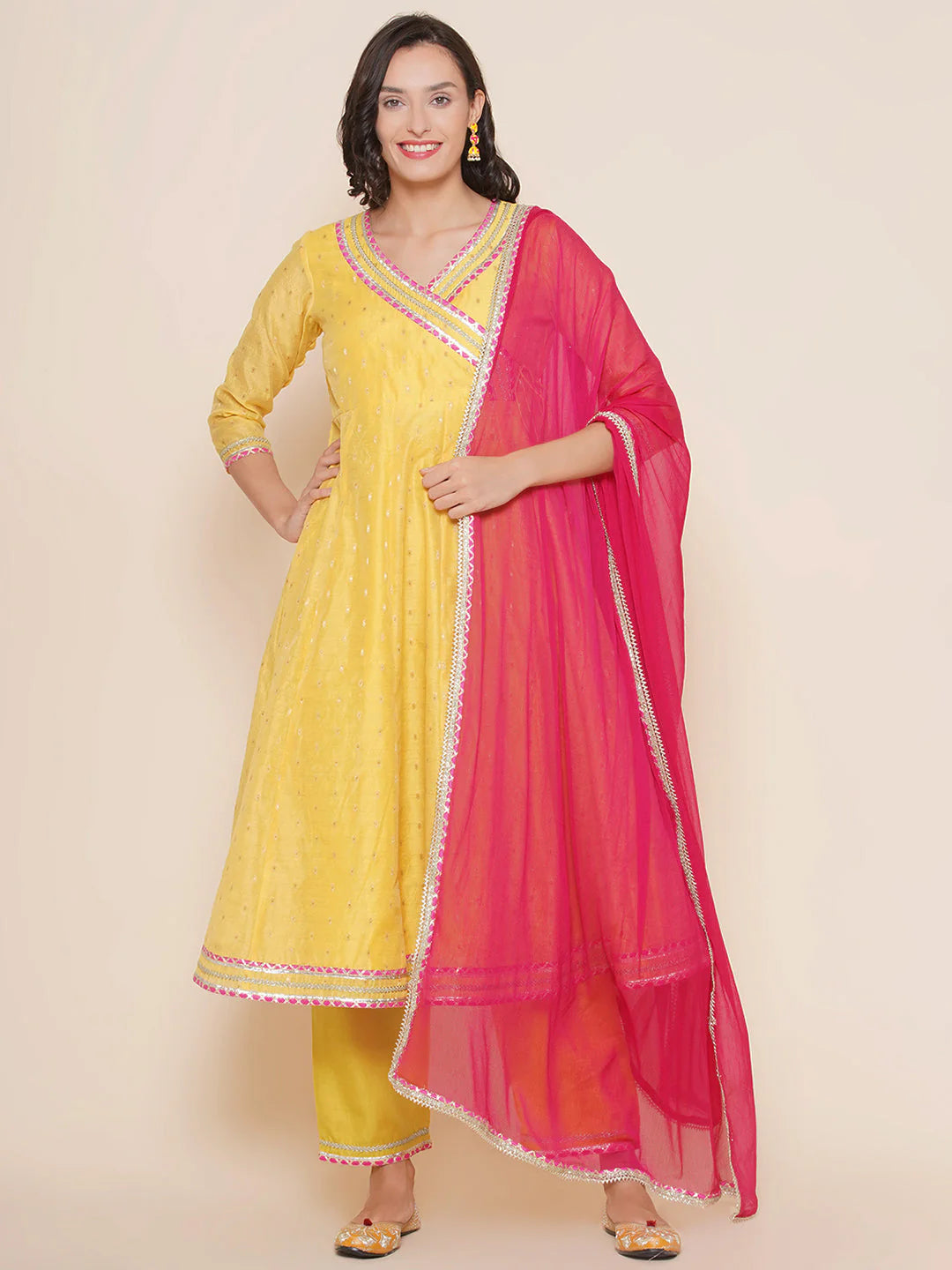 Yellow Modal Booti Angrakha Kurta set For Women & Angrakha Kurta Sharara Set For Girl.
