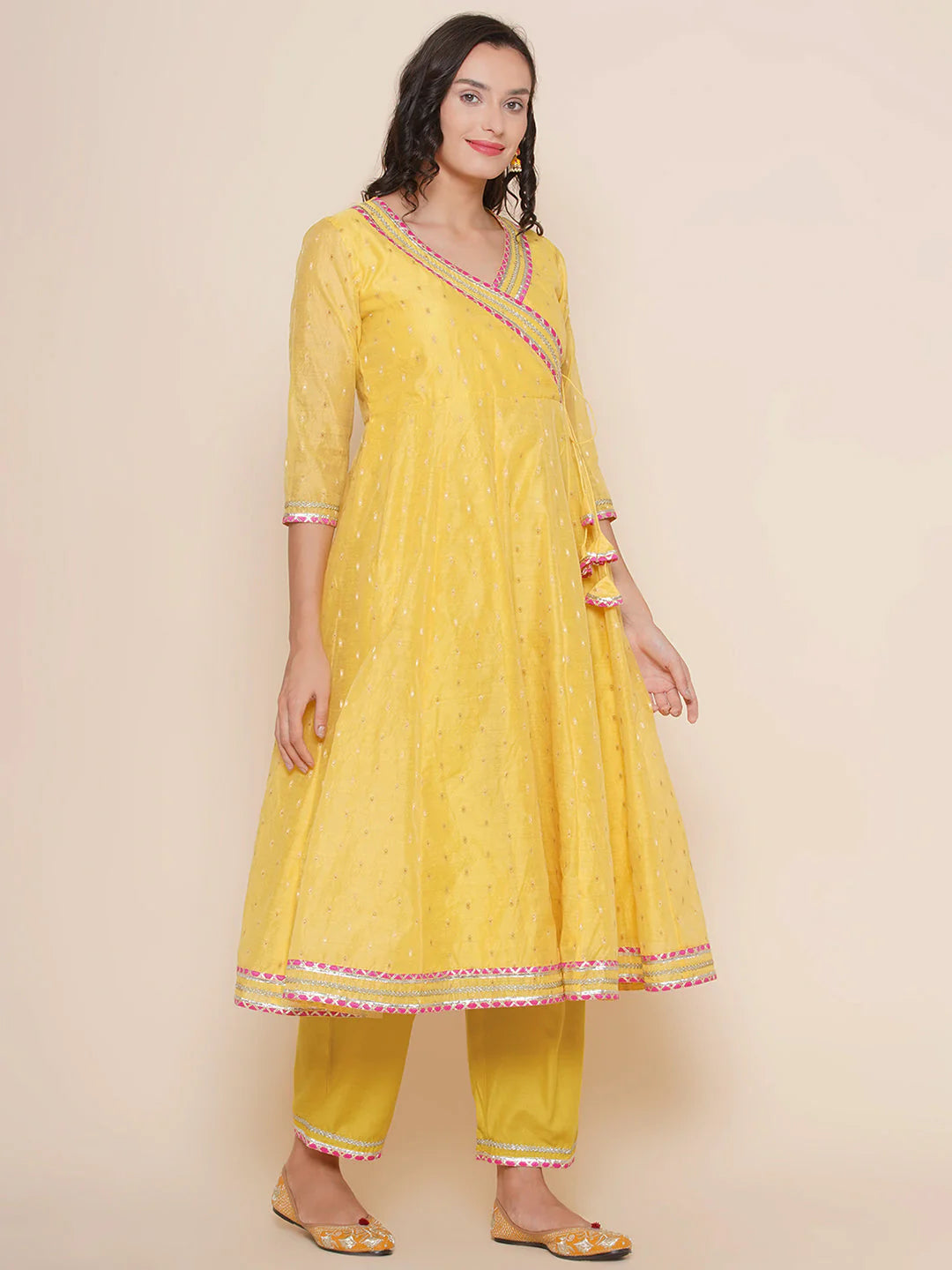 Yellow Modal Booti Angrakha Kurta set For Women & Angrakha Kurta Sharara Set For Girl.