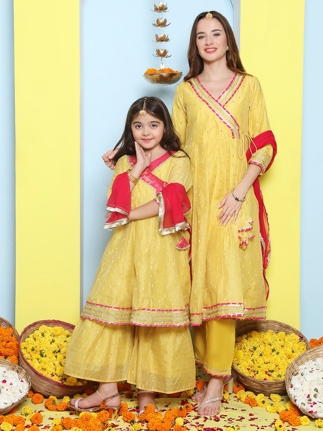 Yellow Modal Booti Angrakha Kurta set For Women & Angrakha Kurta Sharara Set For Girl.