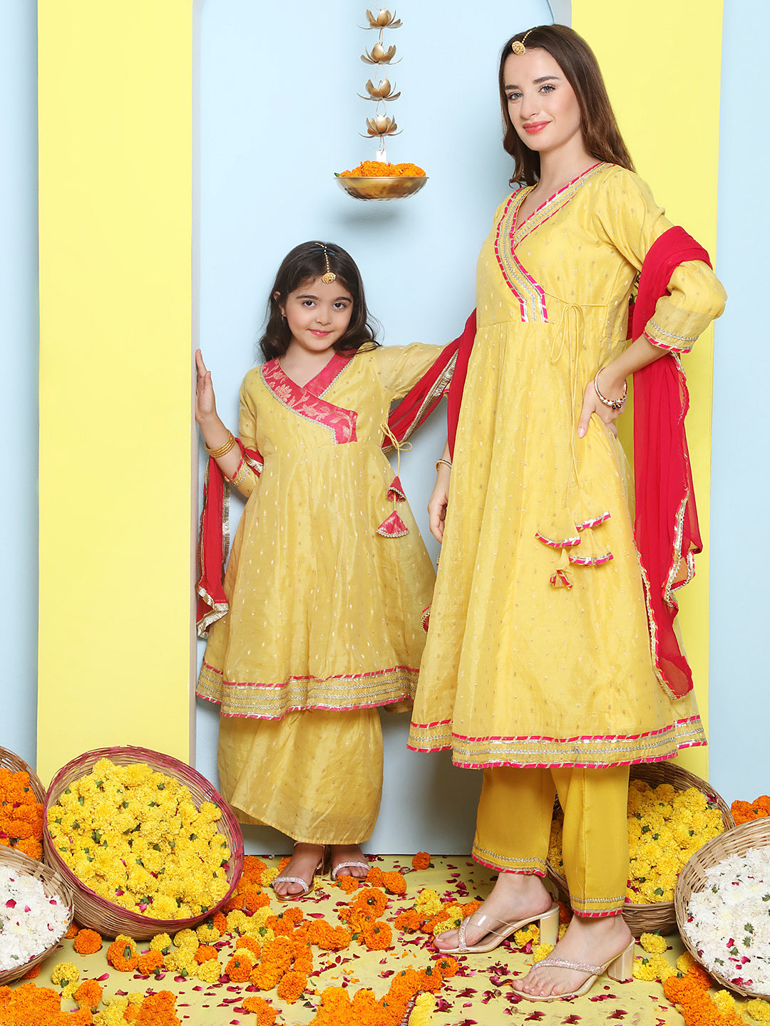 Yellow Modal Booti Angrakha Kurta set For Women & Angrakha Kurta Sharara Set For Girl.