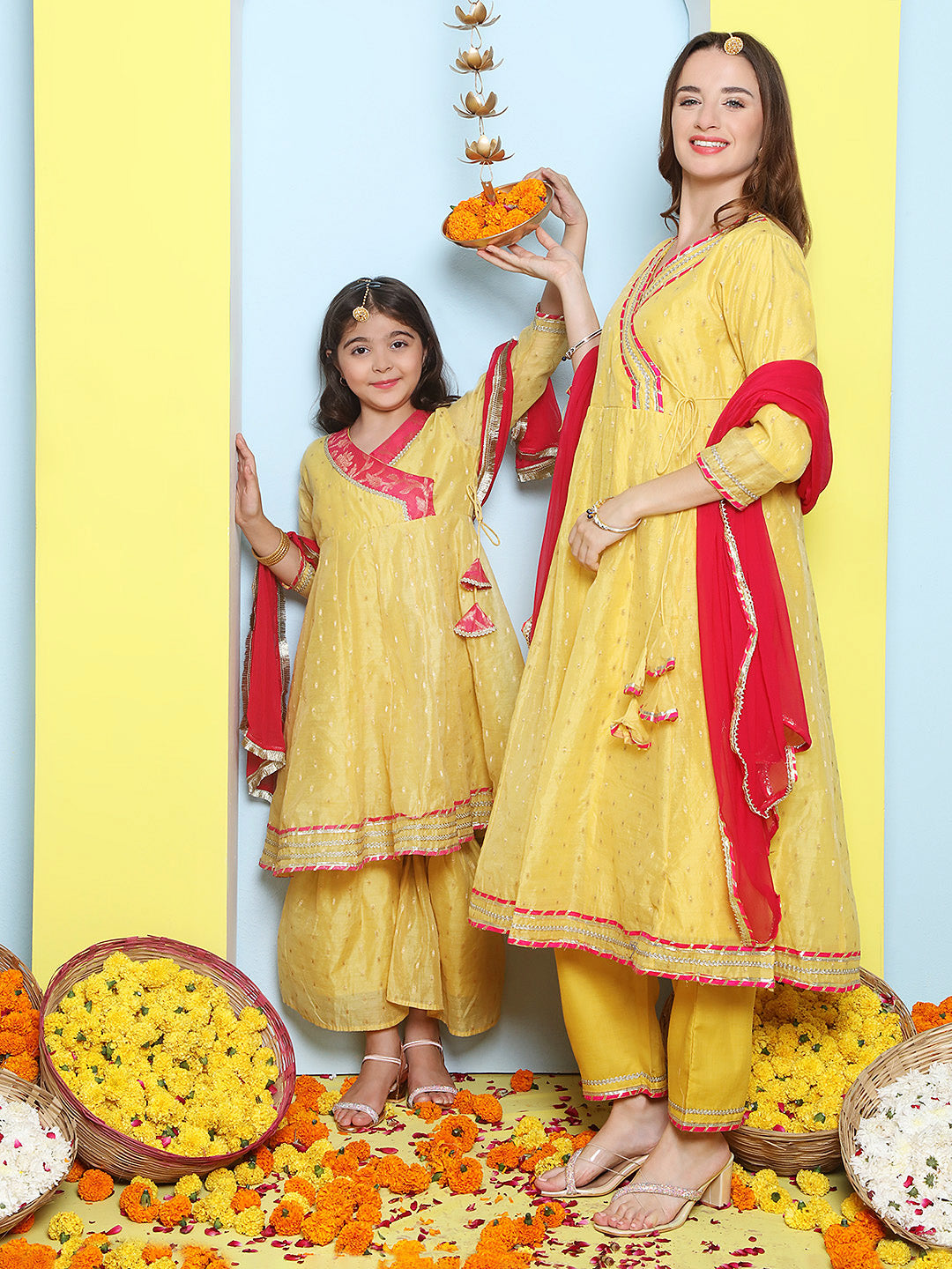 Yellow Modal Booti Angrakha Kurta set For Women & Angrakha Kurta Sharara Set For Girl.