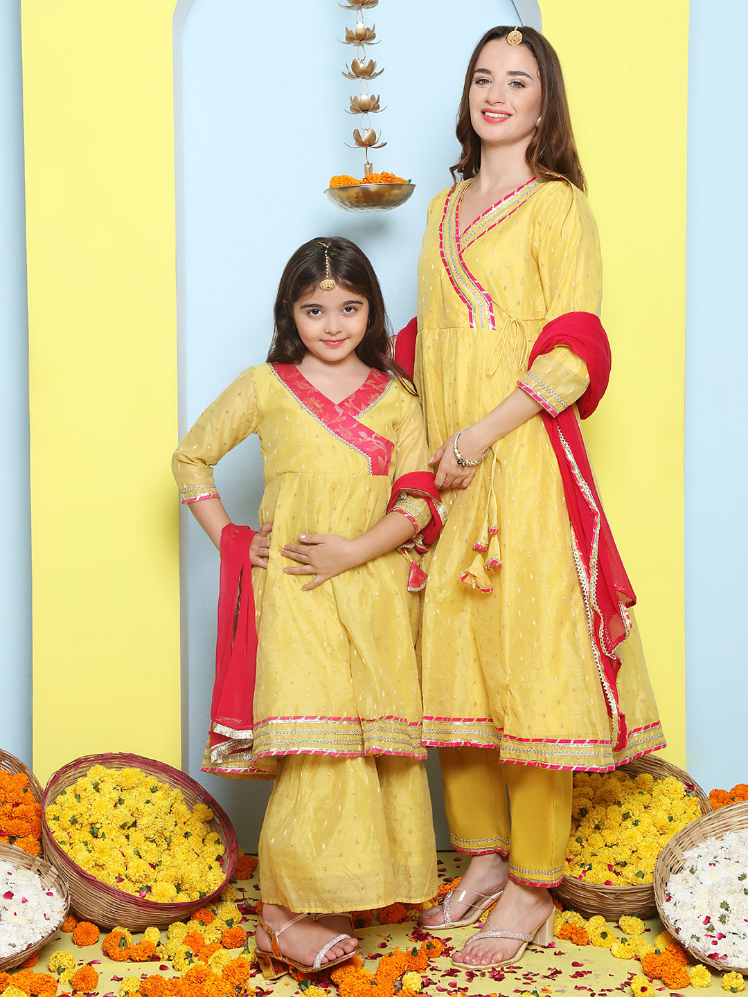 Yellow Modal Booti Angrakha Kurta set For Women & Angrakha Kurta Sharara Set For Girl.