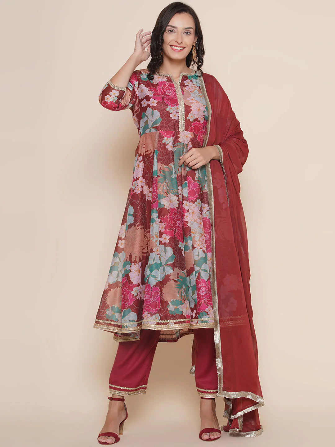 Maroon Multi color Printed Anarkali Kurta set For Women & Lehenga Choli set For Girl.