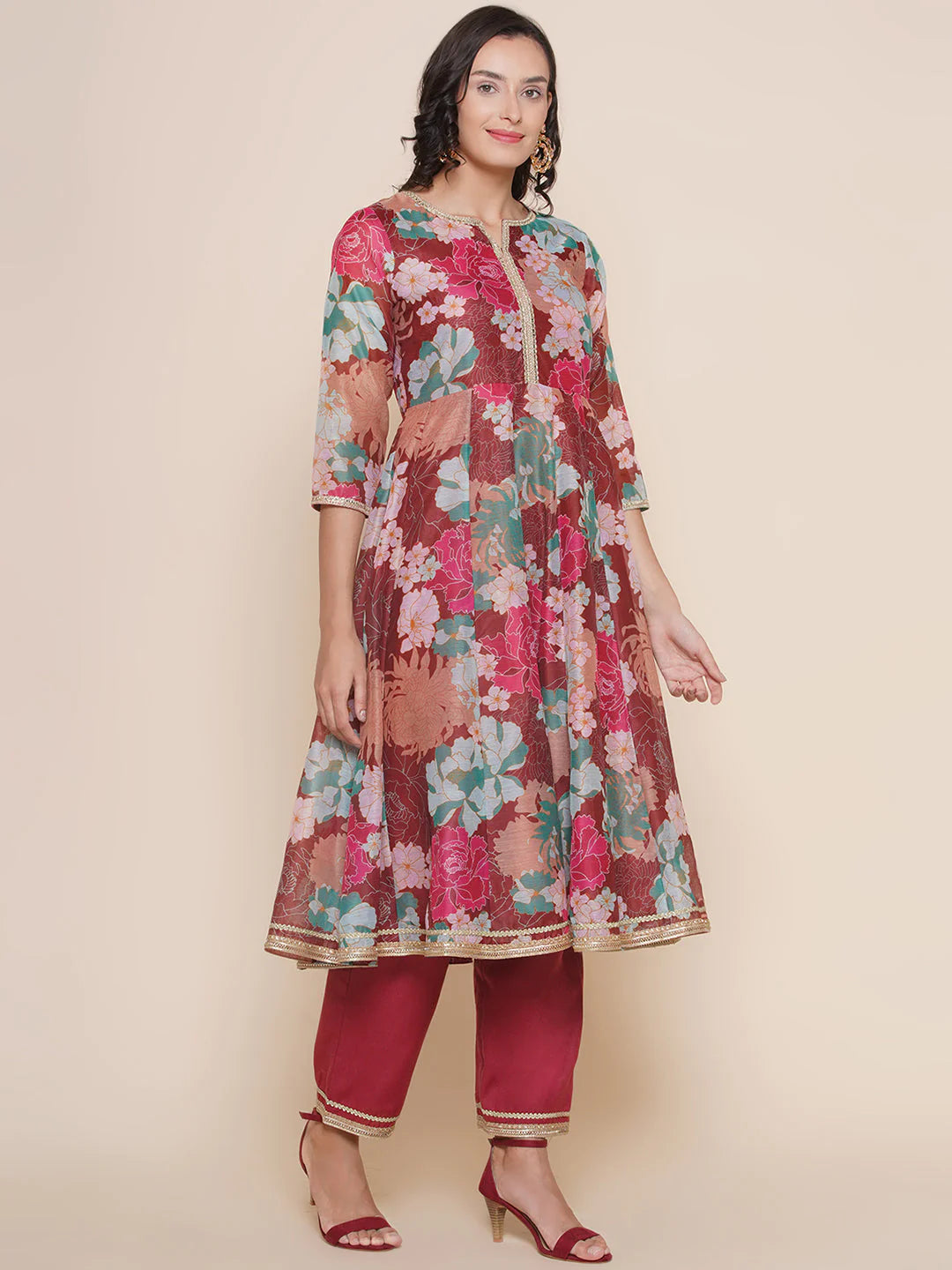 Maroon Multi color Printed Anarkali Kurta set For Women & Lehenga Choli set For Girl.