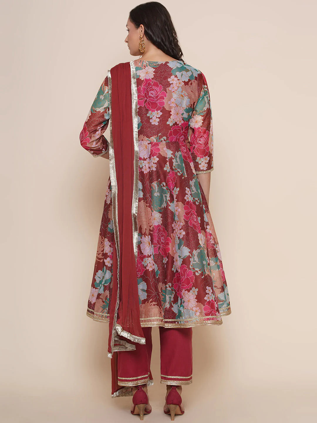 Maroon Multi color Printed Anarkali Kurta set For Women & Lehenga Choli set For Girl.