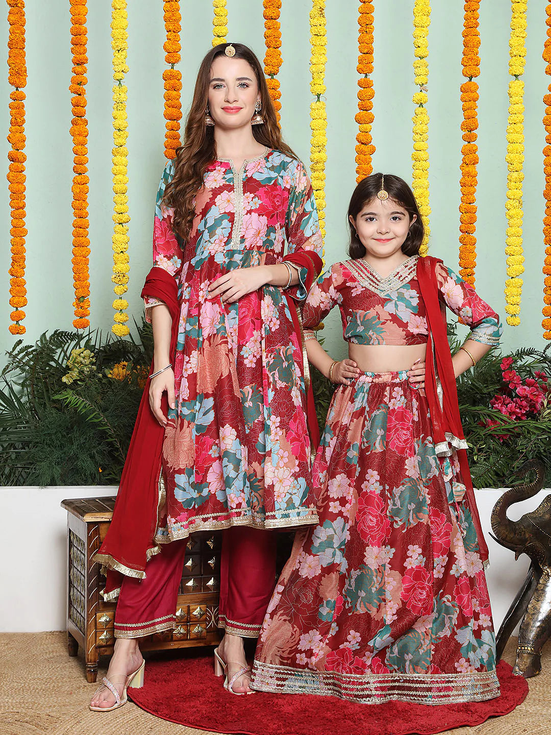 Maroon Multi color Printed Anarkali Kurta set For Women & Lehenga Choli set For Girl.