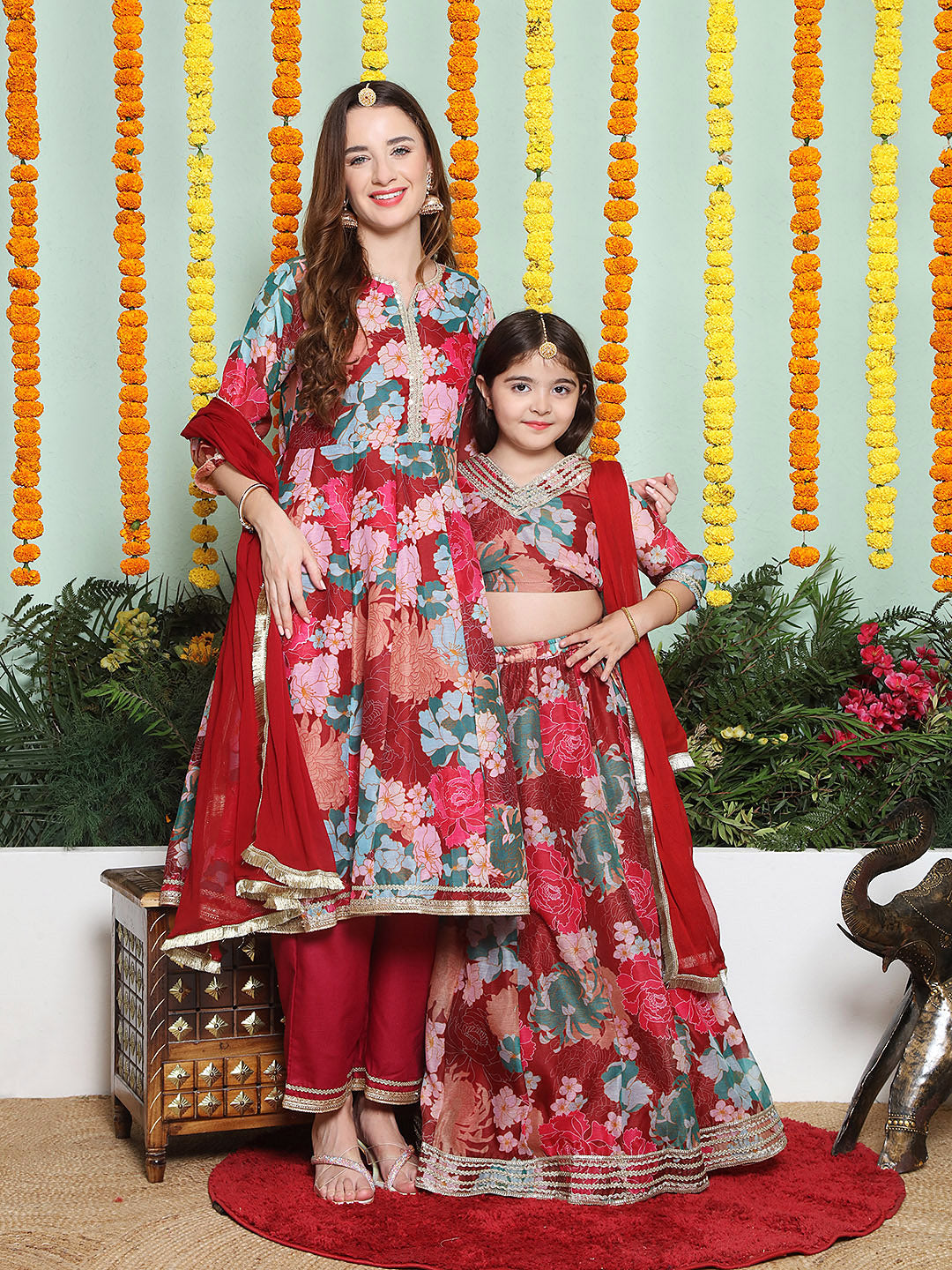 Maroon Multi color Printed Anarkali Kurta set For Women & Lehenga Choli set For Girl.
