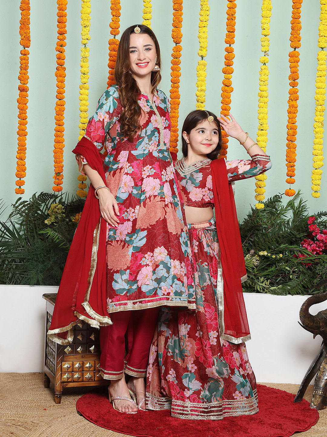 Maroon Multi color Printed Anarkali Kurta set For Women & Lehenga Choli set For Girl.
