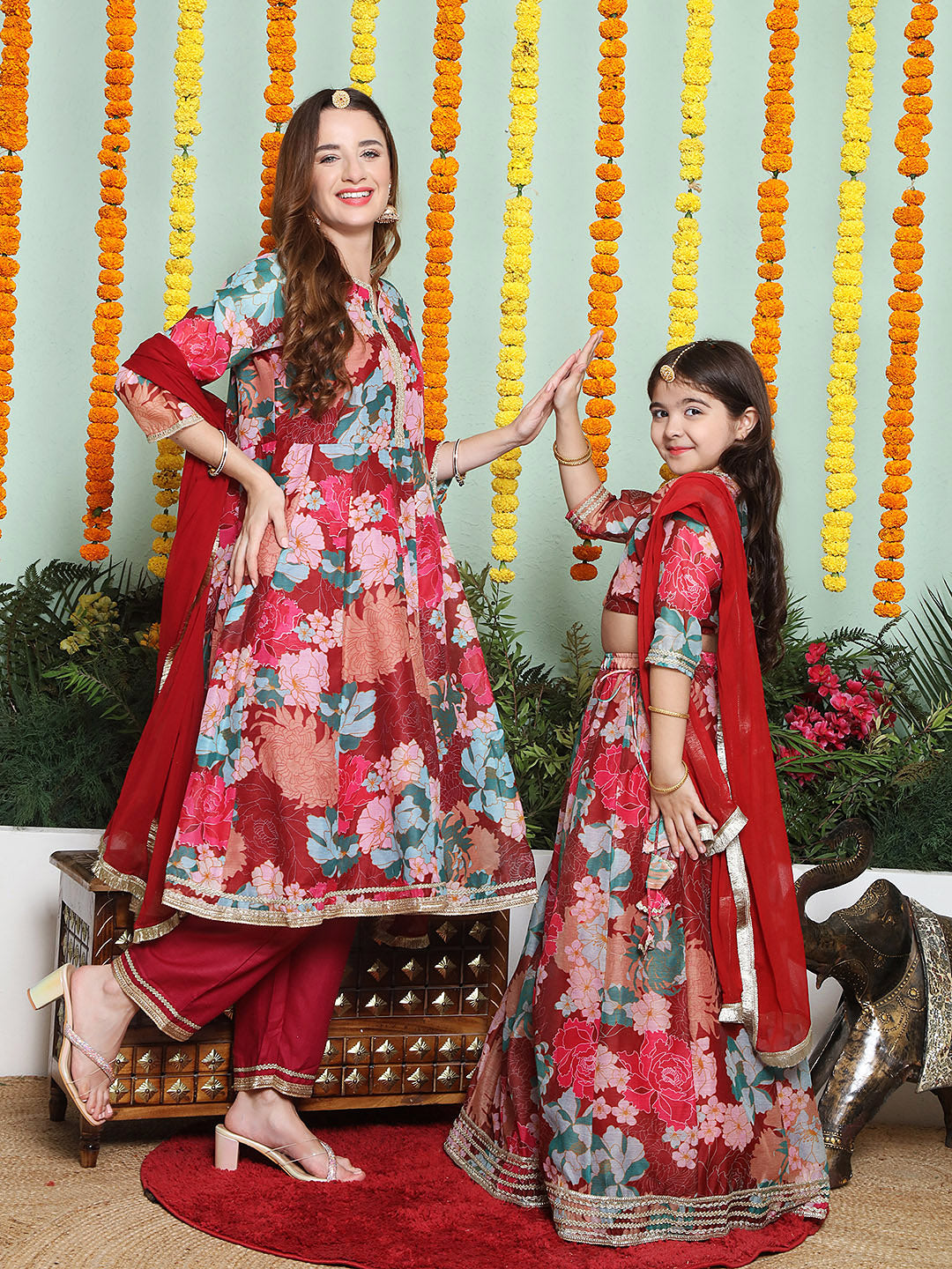 Maroon Multi color Printed Anarkali Kurta set For Women & Lehenga Choli set For Girl.