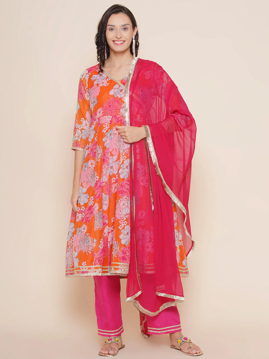 Orange Multi Printed Angrakha Kurta Set For Women & Angrakha Sharara Set For Girls