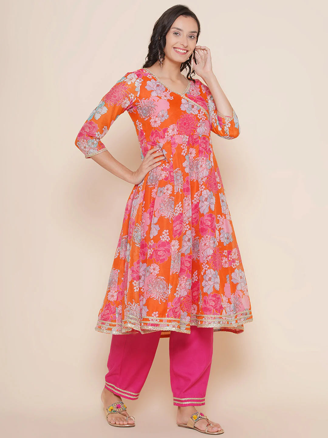 Orange Multi Printed Angrakha Kurta Set For Women & Angrakha Sharara Set For Girls
