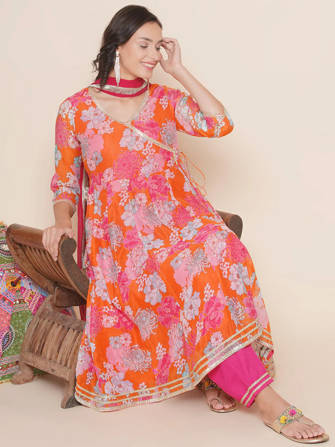 Orange Multi Printed Angrakha Kurta Set For Women & Angrakha Sharara Set For Girls