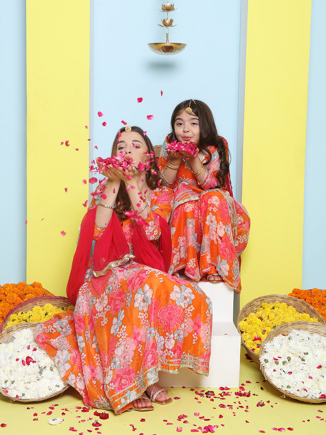 Orange Multi Printed Angrakha Kurta Set For Women & Angrakha Sharara Set For Girls