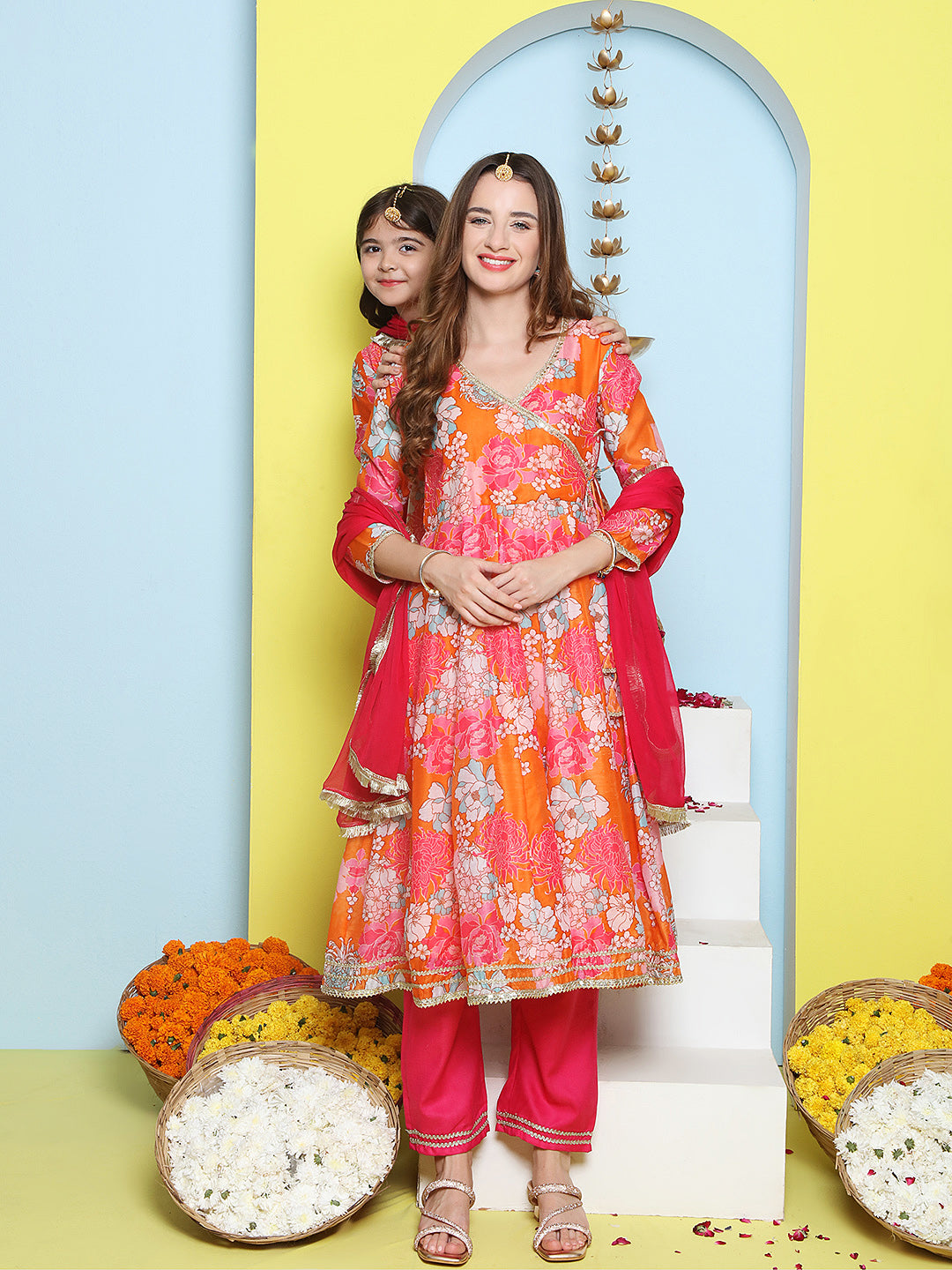 Orange Multi Printed Angrakha Kurta Set For Women & Angrakha Sharara Set For Girls
