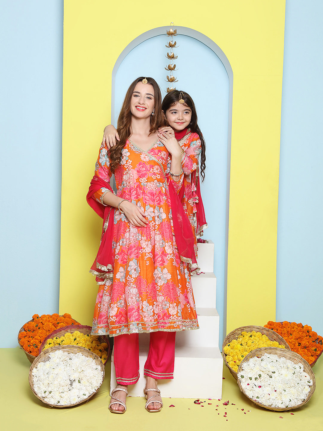 Orange Multi Printed Angrakha Kurta Set For Women & Angrakha Sharara Set For Girls