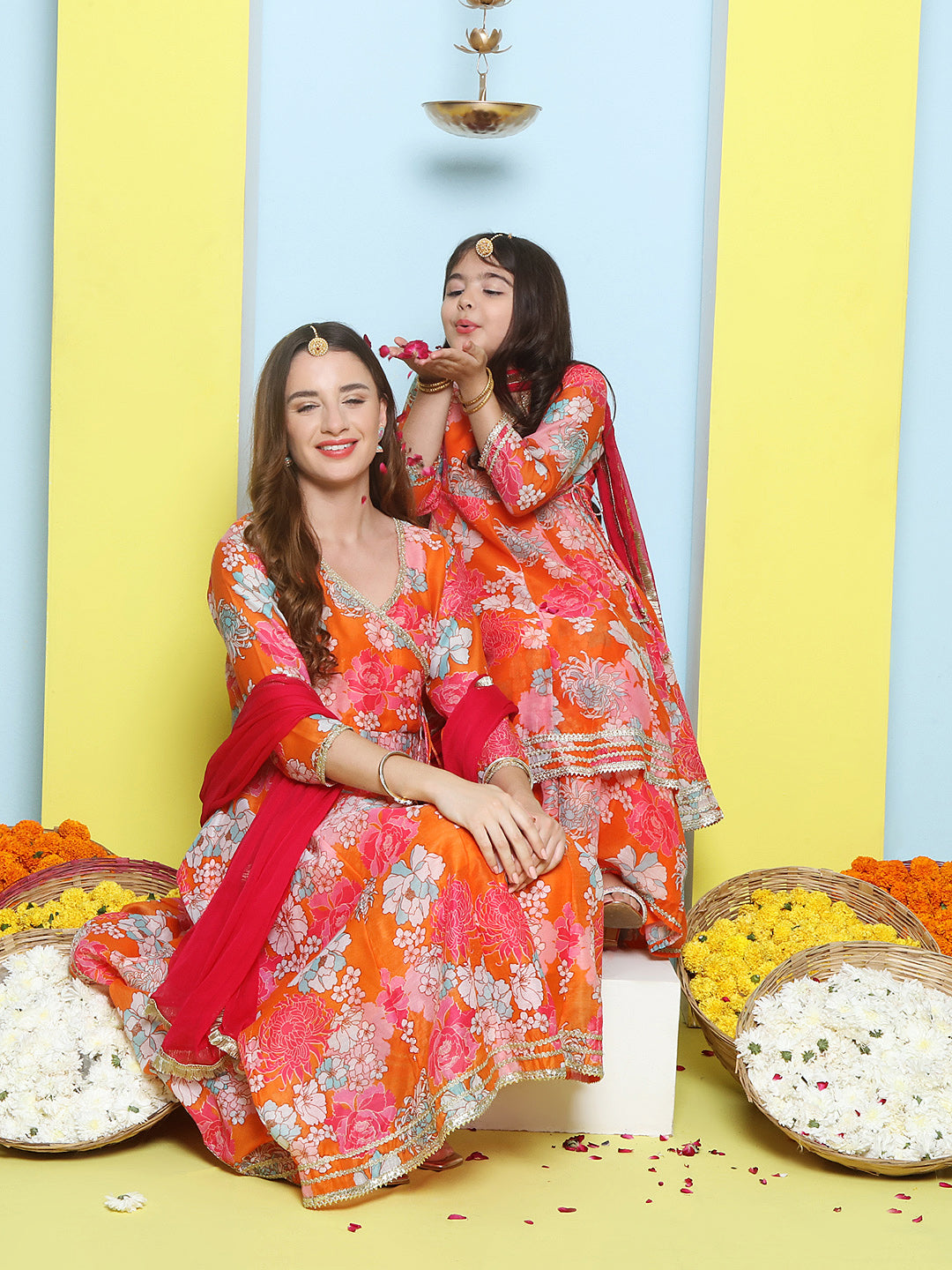 Orange Multi Printed Angrakha Kurta Set For Women & Angrakha Sharara Set For Girls