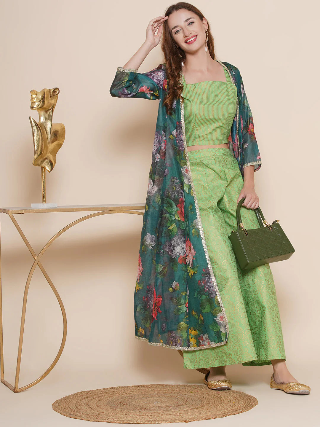 Green Multi Floral Printed Jacket with Cami - Sharara For Women & Lehenga Choli Set For Girl.