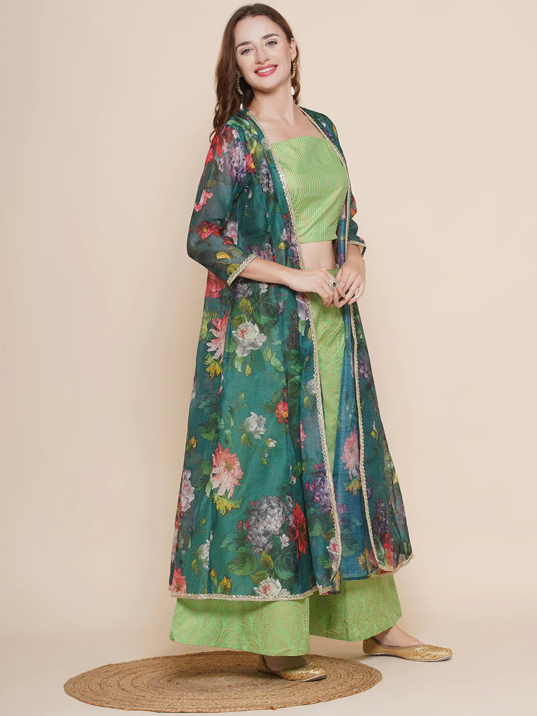 Green Multi Floral Printed Jacket with Cami - Sharara For Women & Lehenga Choli Set For Girl.