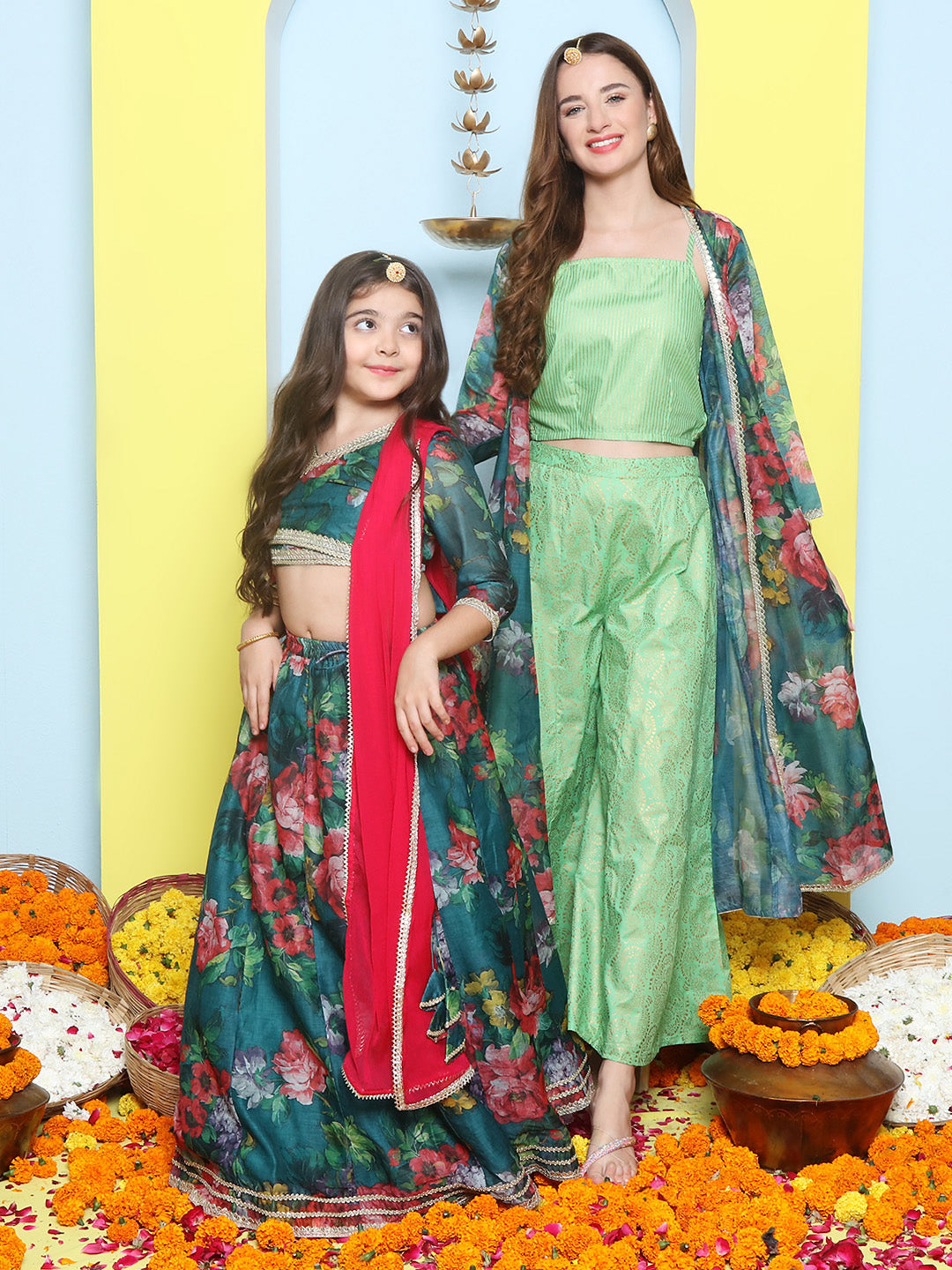 Green Multi Floral Printed Jacket with Cami - Sharara For Women & Lehenga Choli Set For Girl.