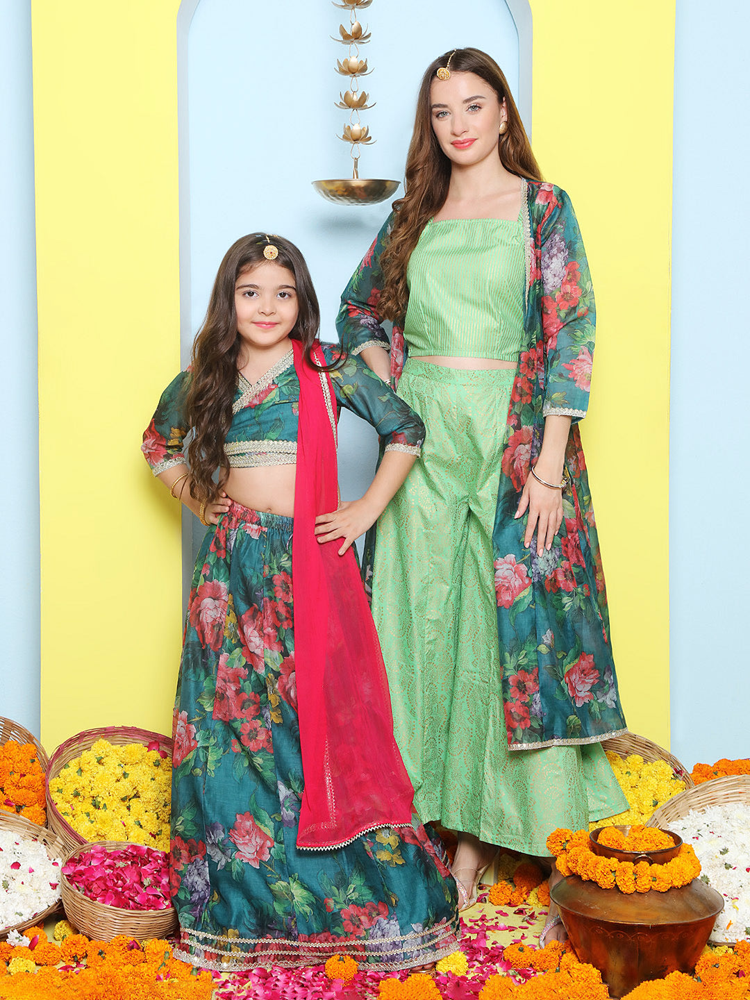 Green Multi Floral Printed Jacket with Cami - Sharara For Women & Lehenga Choli Set For Girl.