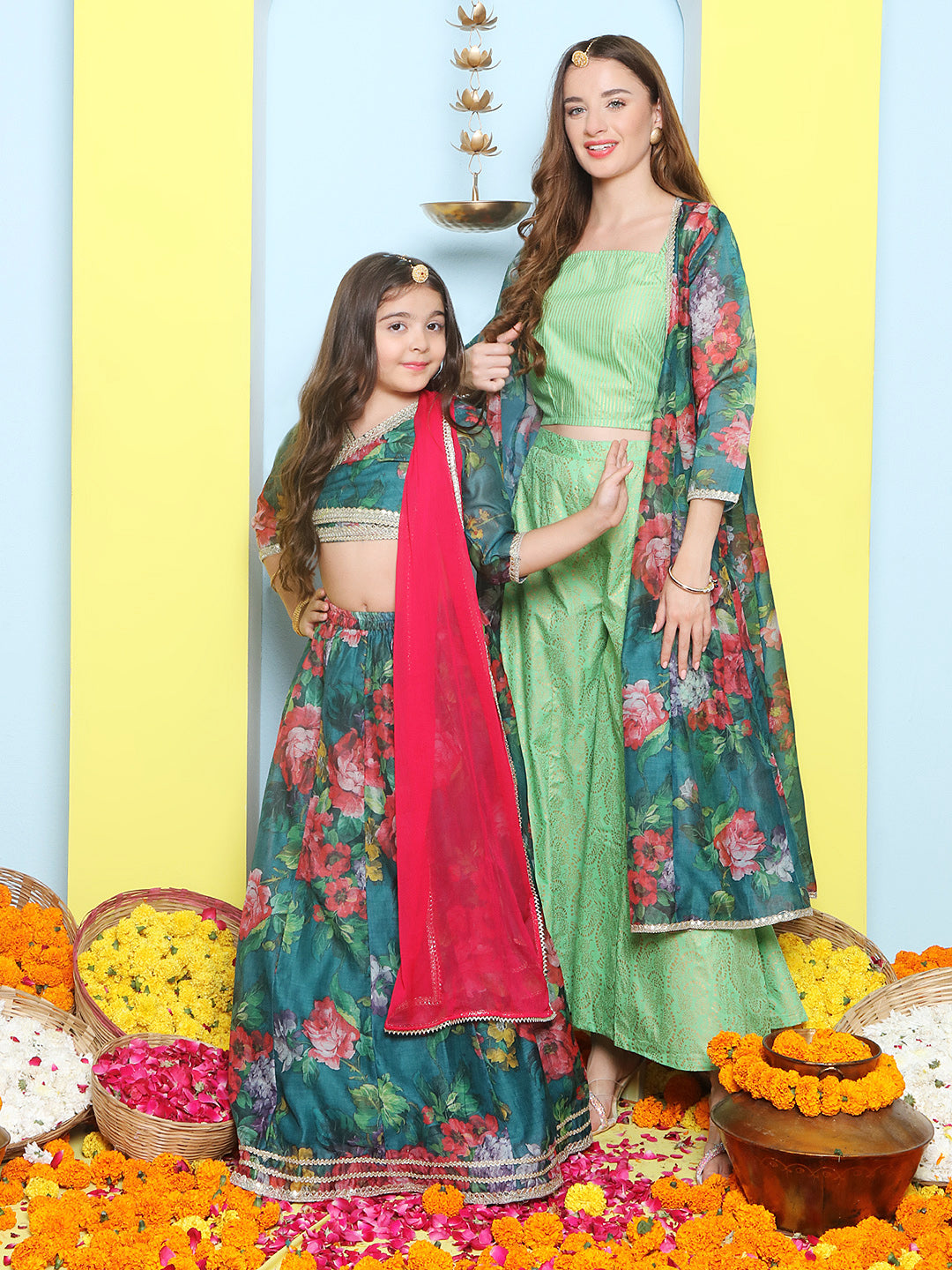 Green Multi Floral Printed Jacket with Cami - Sharara For Women & Lehenga Choli Set For Girl.