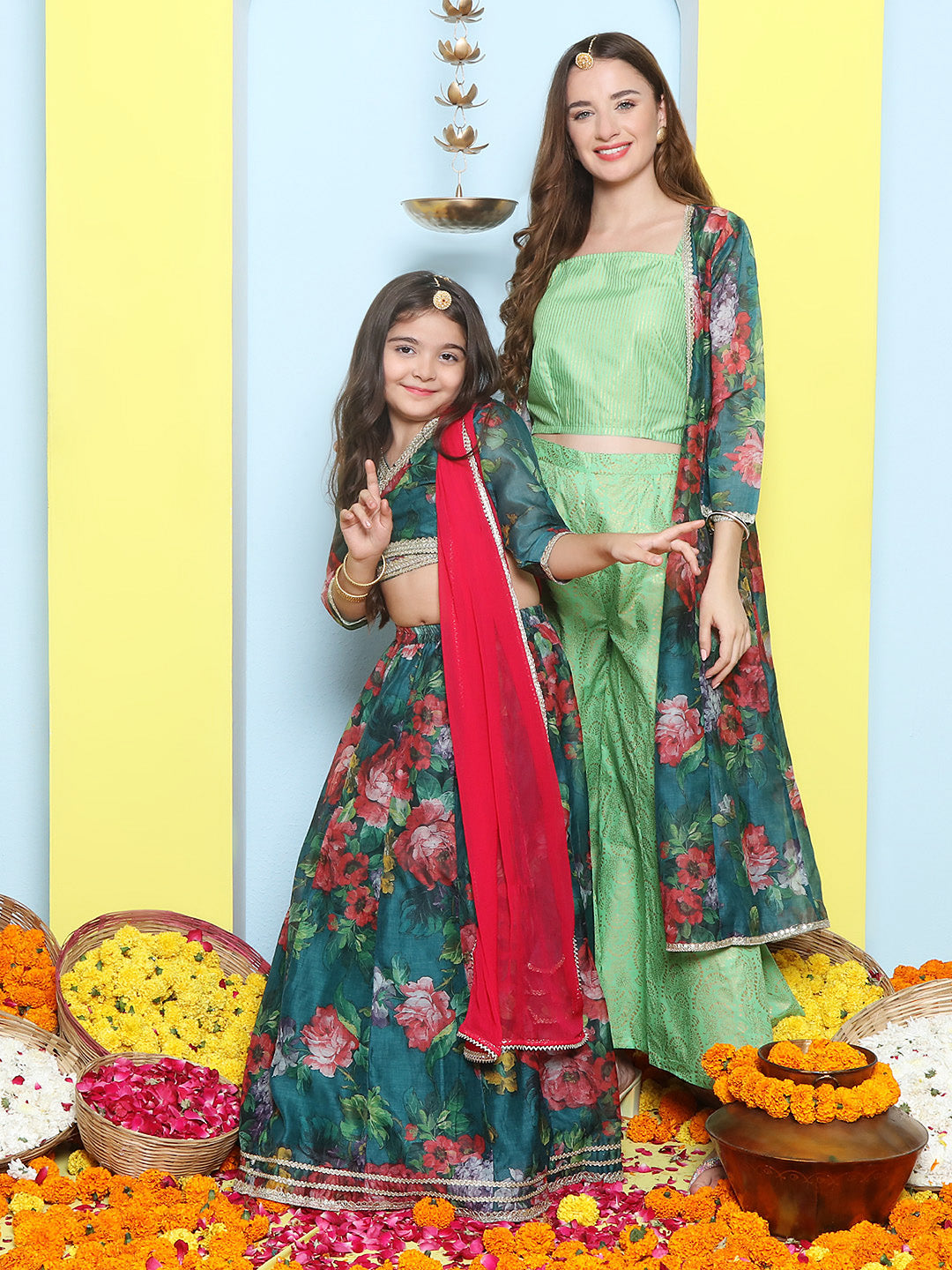 Green Multi Floral Printed Jacket with Cami - Sharara For Women & Lehenga Choli Set For Girl.
