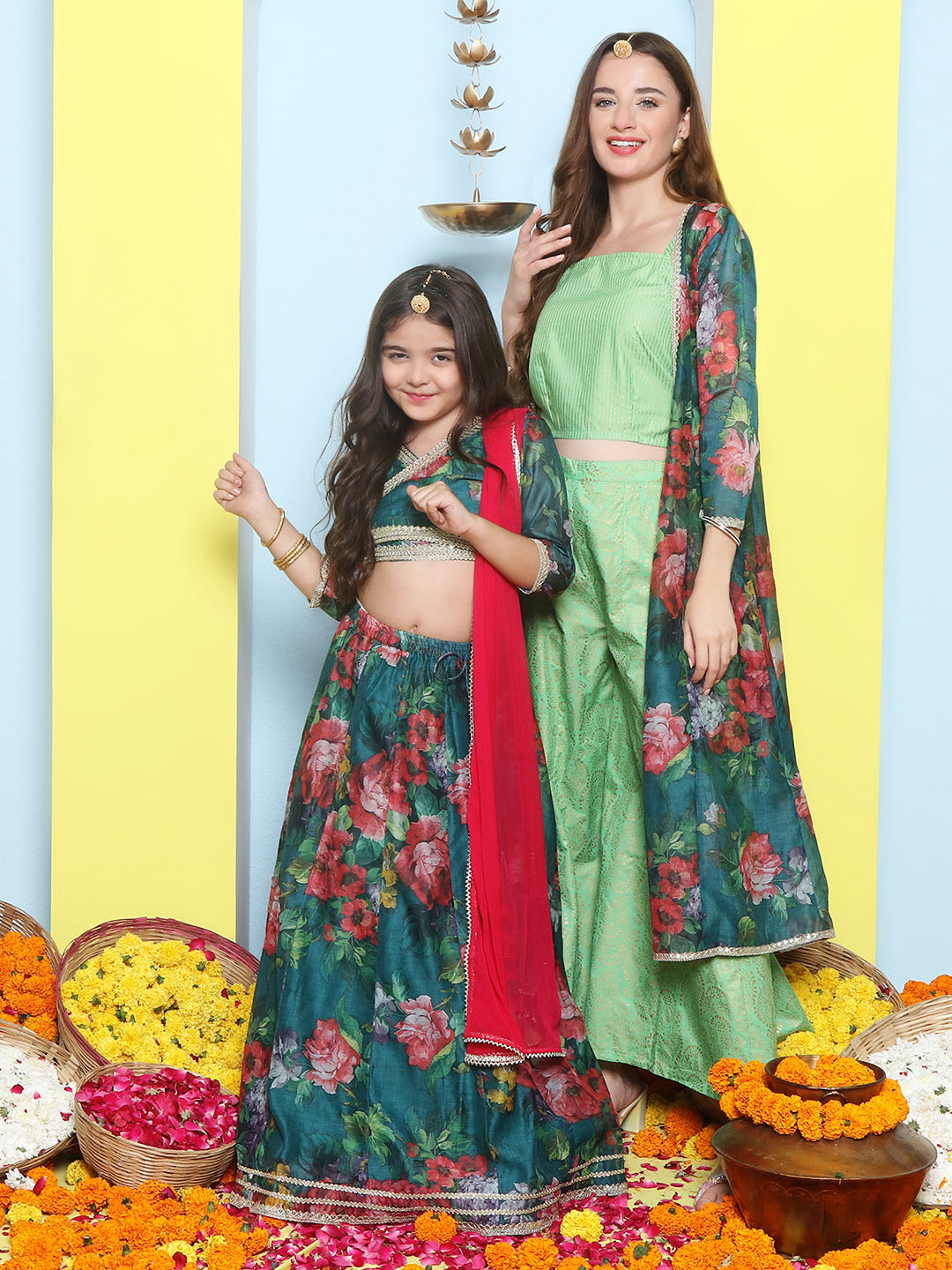 Green Multi Floral Printed Jacket with Cami - Sharara For Women & Lehenga Choli Set For Girl.
