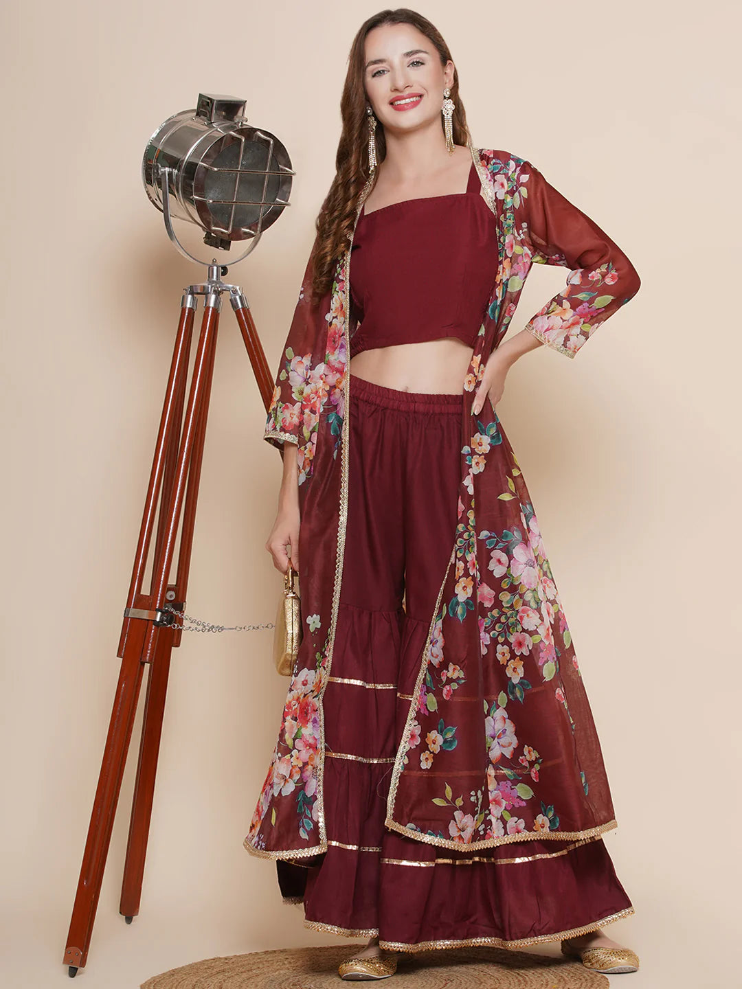 Maroon Multi Floral Printed Jacket with Cami - Sharara For Women & Jacket with Cami - Sharara For Girl.