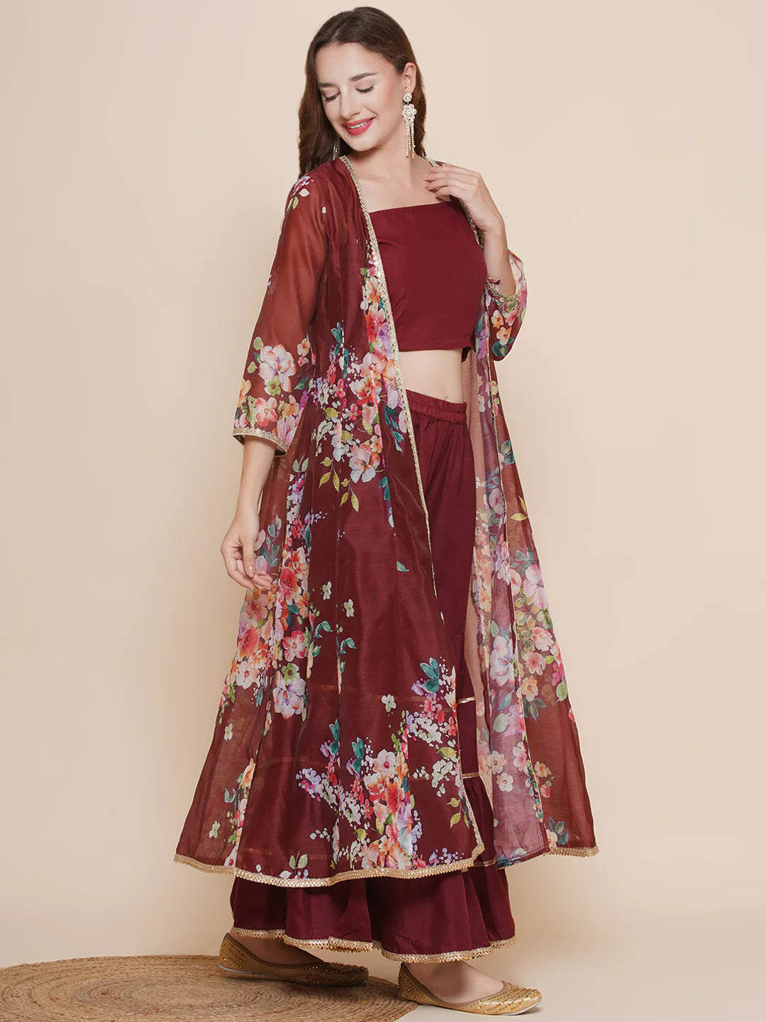 Maroon Multi Floral Printed Jacket with Cami - Sharara For Women & Jacket with Cami - Sharara For Girl.
