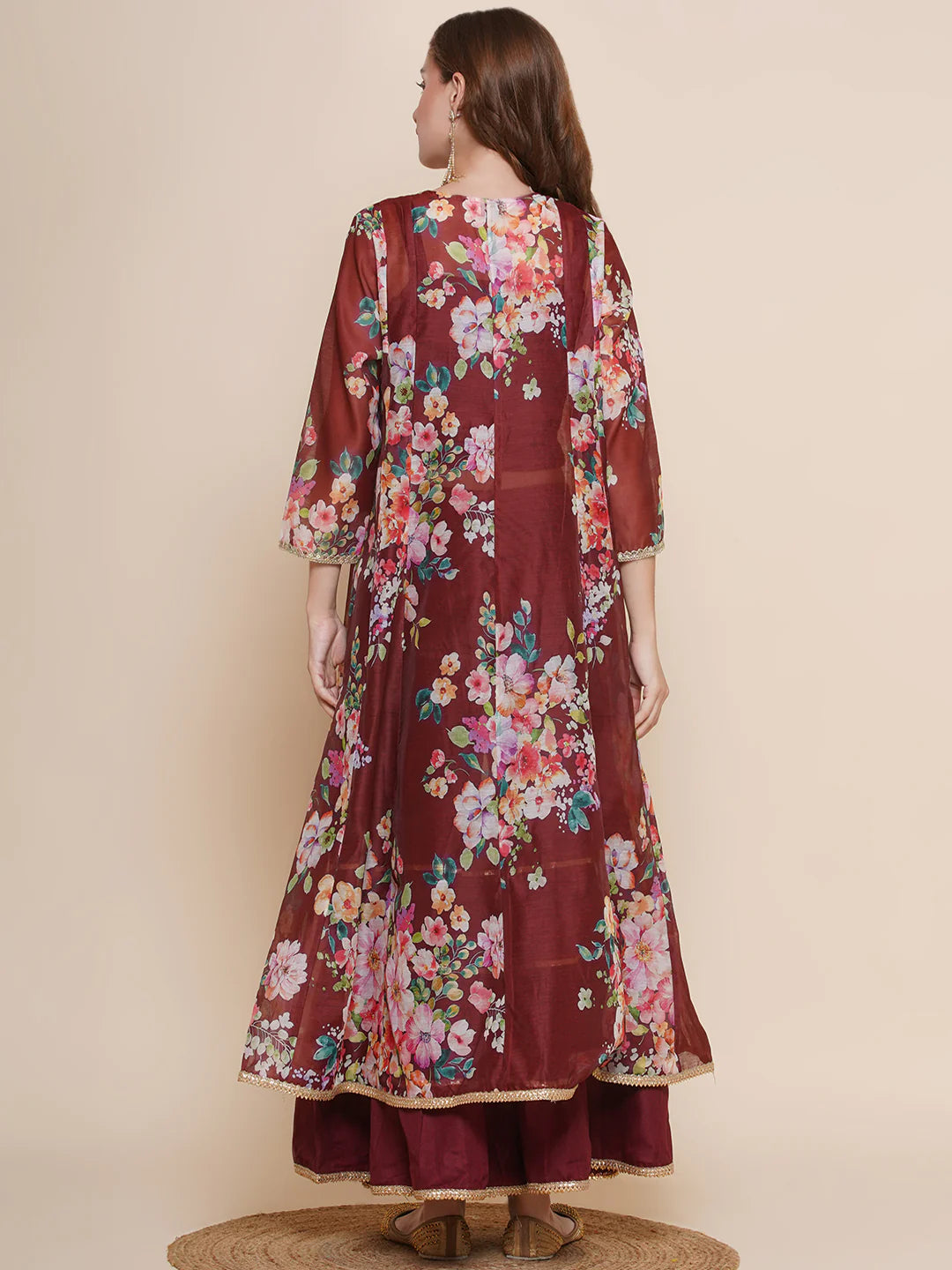 Maroon Multi Floral Printed Jacket with Cami - Sharara For Women & Jacket with Cami - Sharara For Girl.