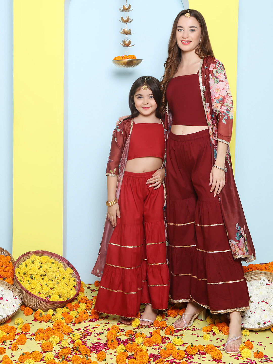 Maroon Multi Floral Printed Jacket with Cami - Sharara For Women & Jacket with Cami - Sharara For Girl.