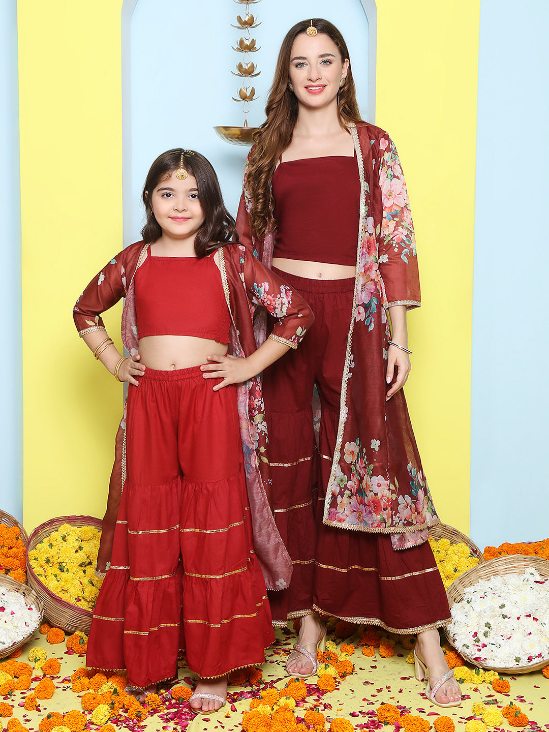 Maroon Multi Floral Printed Jacket with Cami - Sharara For Women & Jacket with Cami - Sharara For Girl.