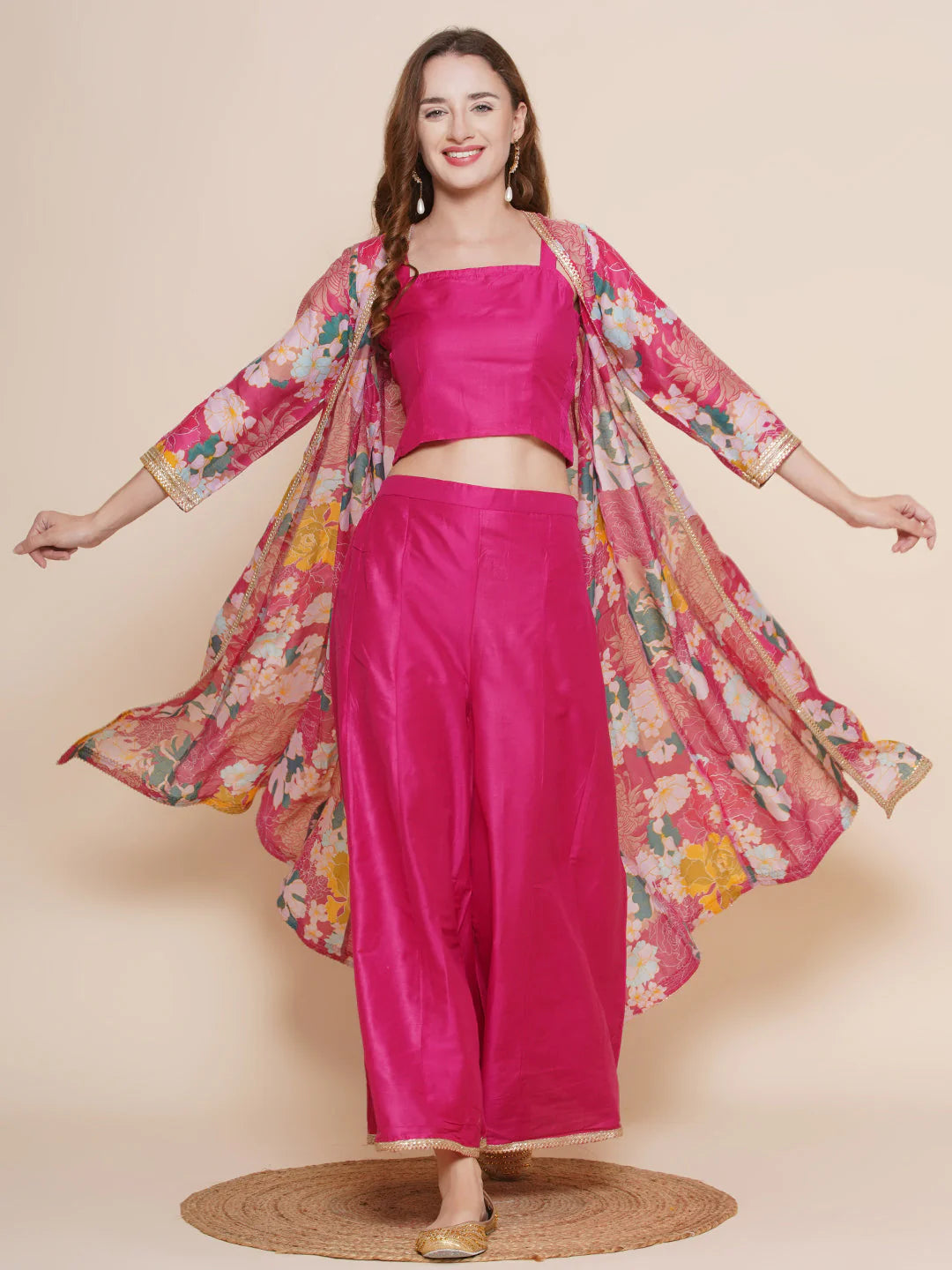 Pink Multi Floral Printed Jacket with Cami - Sharara For Women & Jacket with Cami - Skirt For Girl.