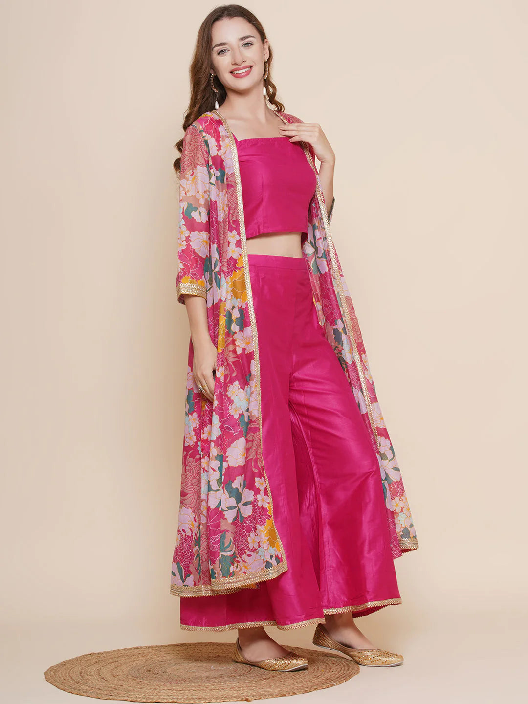 Pink Multi Floral Printed Jacket with Cami - Sharara For Women & Jacket with Cami - Skirt For Girl.