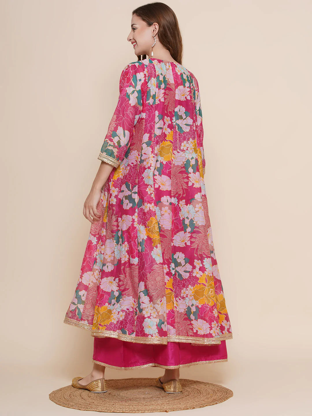 Pink Multi Floral Printed Jacket with Cami - Sharara For Women & Jacket with Cami - Skirt For Girl.