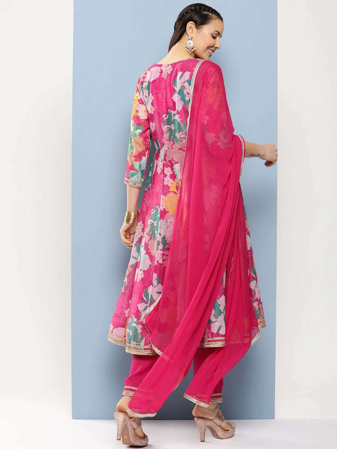 Pink Multi Printed Anarkali Kurta Set For Women & Angrakha Sharara Set For Girls