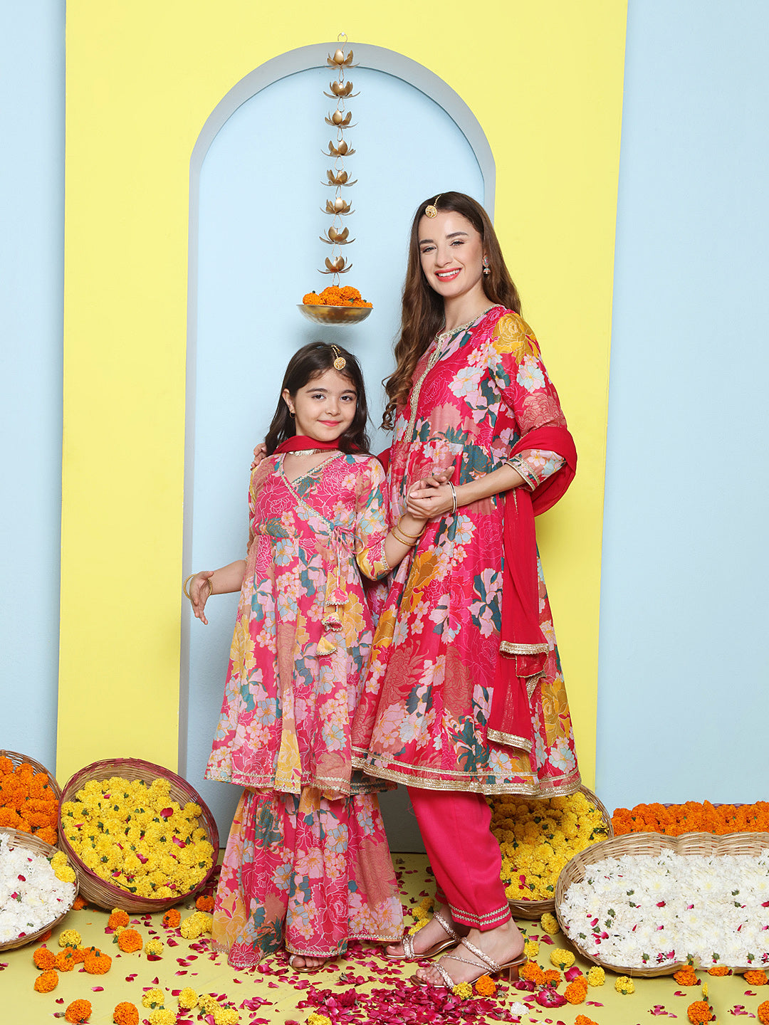 Pink Multi Printed Anarkali Kurta Set For Women & Angrakha Sharara Set For Girls