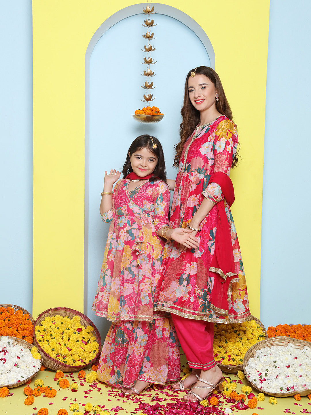 Pink Multi Printed Anarkali Kurta Set For Women & Angrakha Sharara Set For Girls