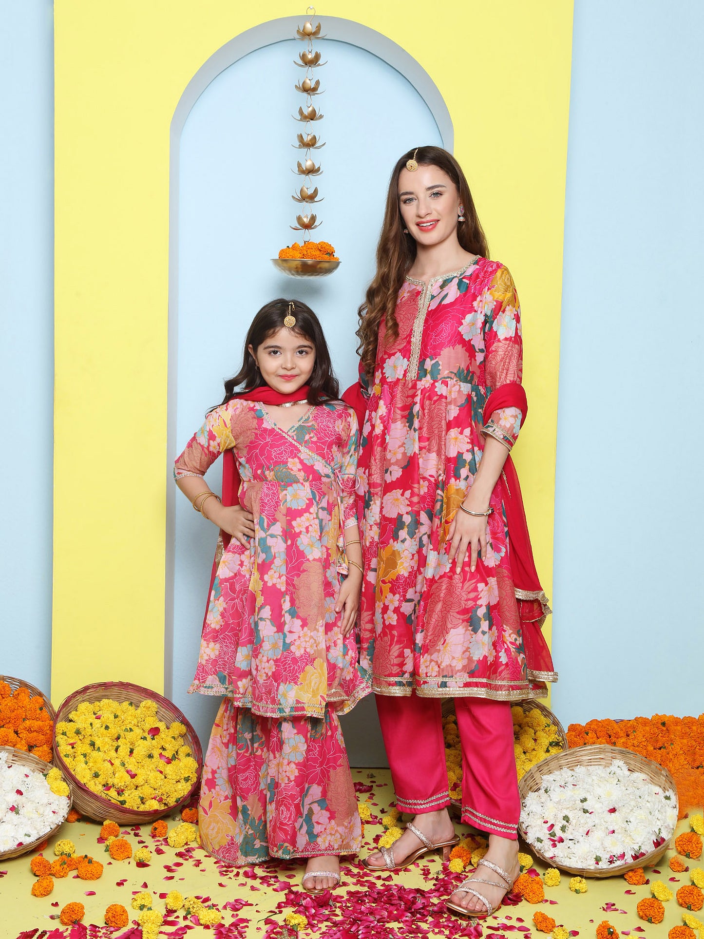 Pink Multi Printed Anarkali Kurta Set For Women & Angrakha Sharara Set For Girls