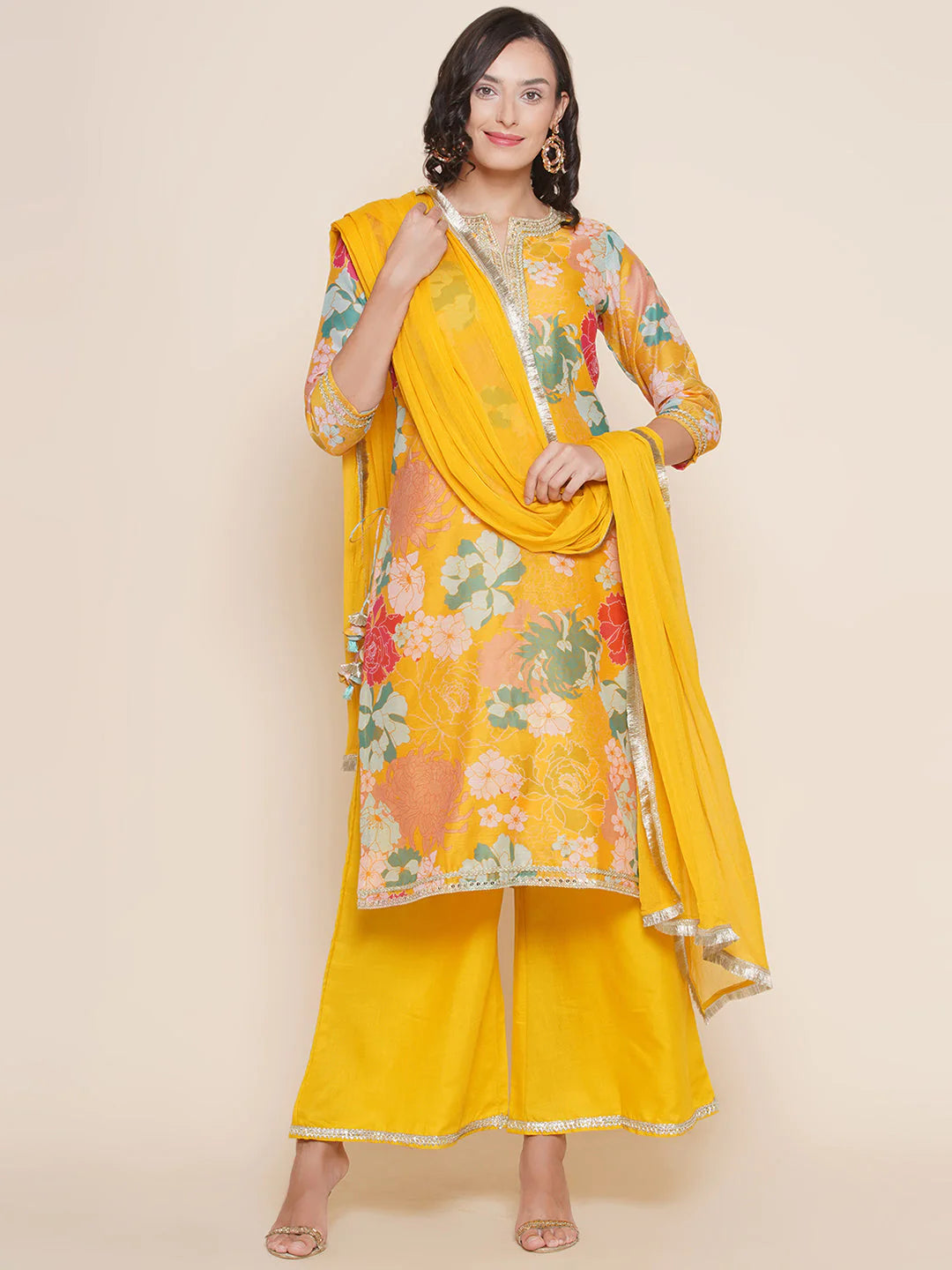 Yellow Multi Printed A- LINE Kurta Set For Women & Angrakha Anarkali Kurta Set For Girl.