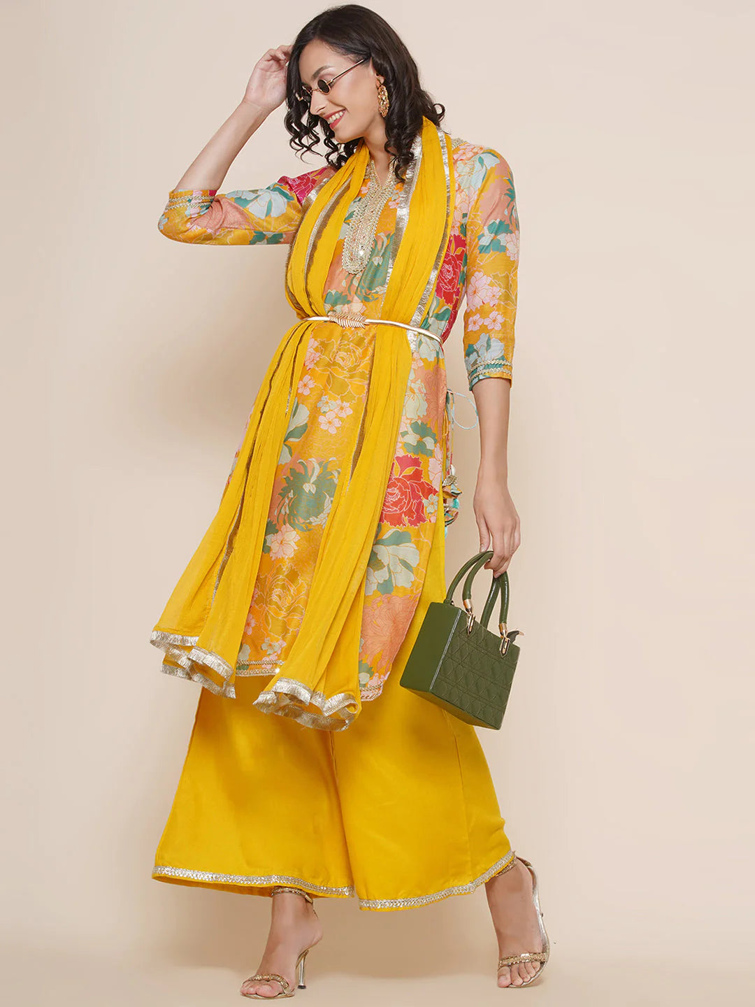 Yellow Multi Printed A- LINE Kurta Set For Women & Angrakha Anarkali Kurta Set For Girl.