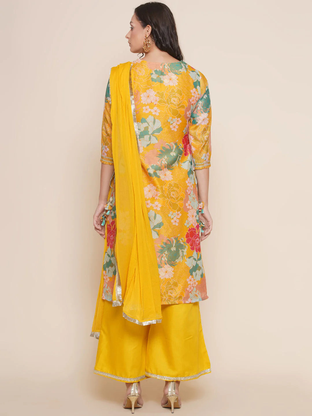 Yellow Multi Printed A- LINE Kurta Set For Women & Angrakha Anarkali Kurta Set For Girl.