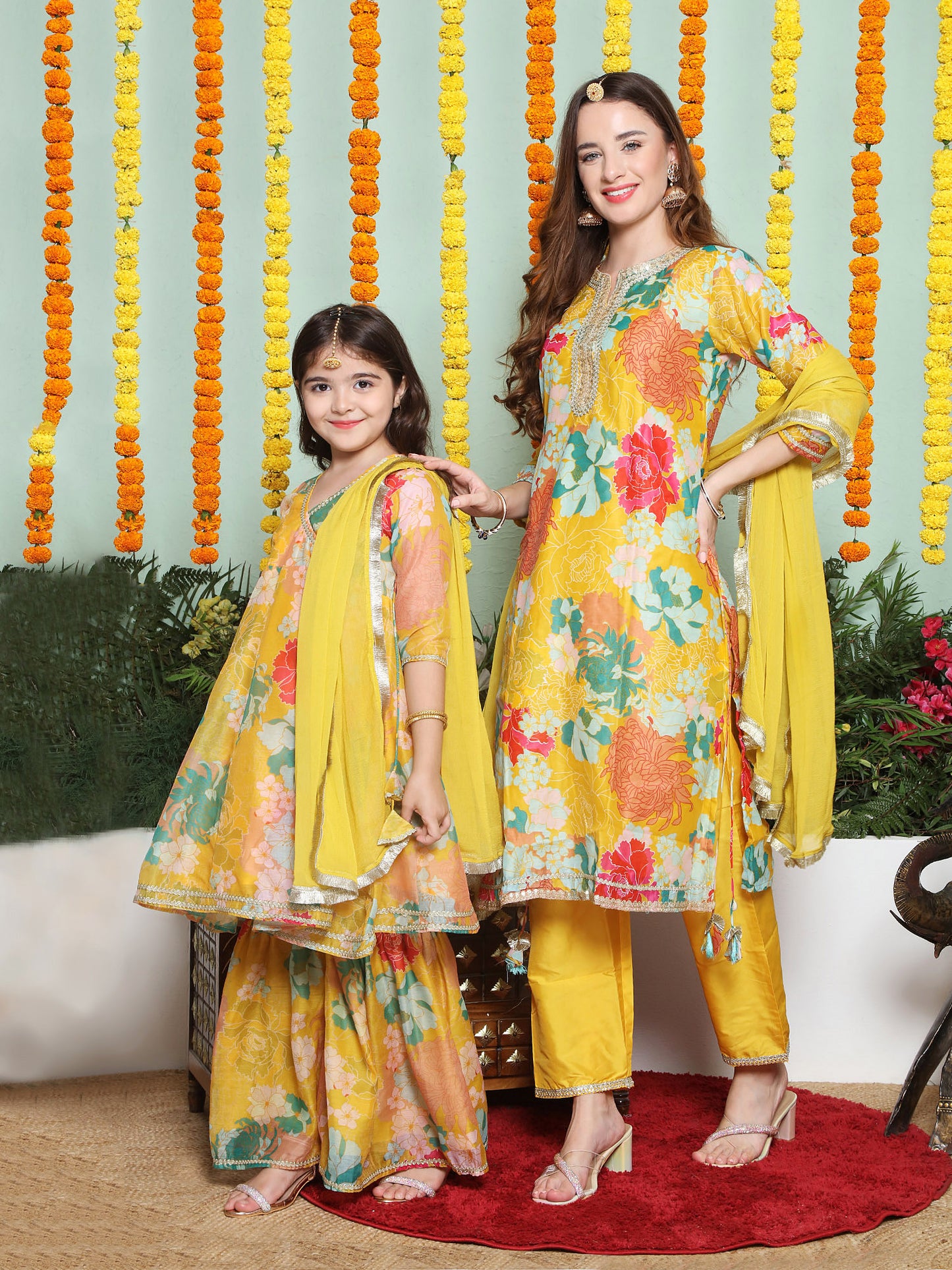 Yellow Multi Printed A- LINE Kurta Set For Women & Angrakha Anarkali Kurta Set For Girl.