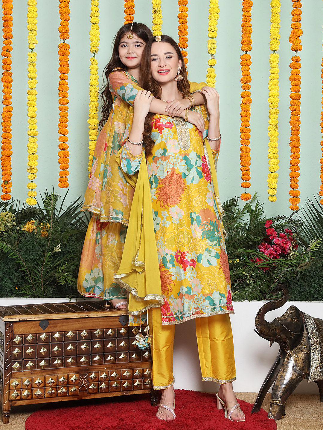 Yellow Multi Printed A- LINE Kurta Set For Women & Angrakha Anarkali Kurta Set For Girl.