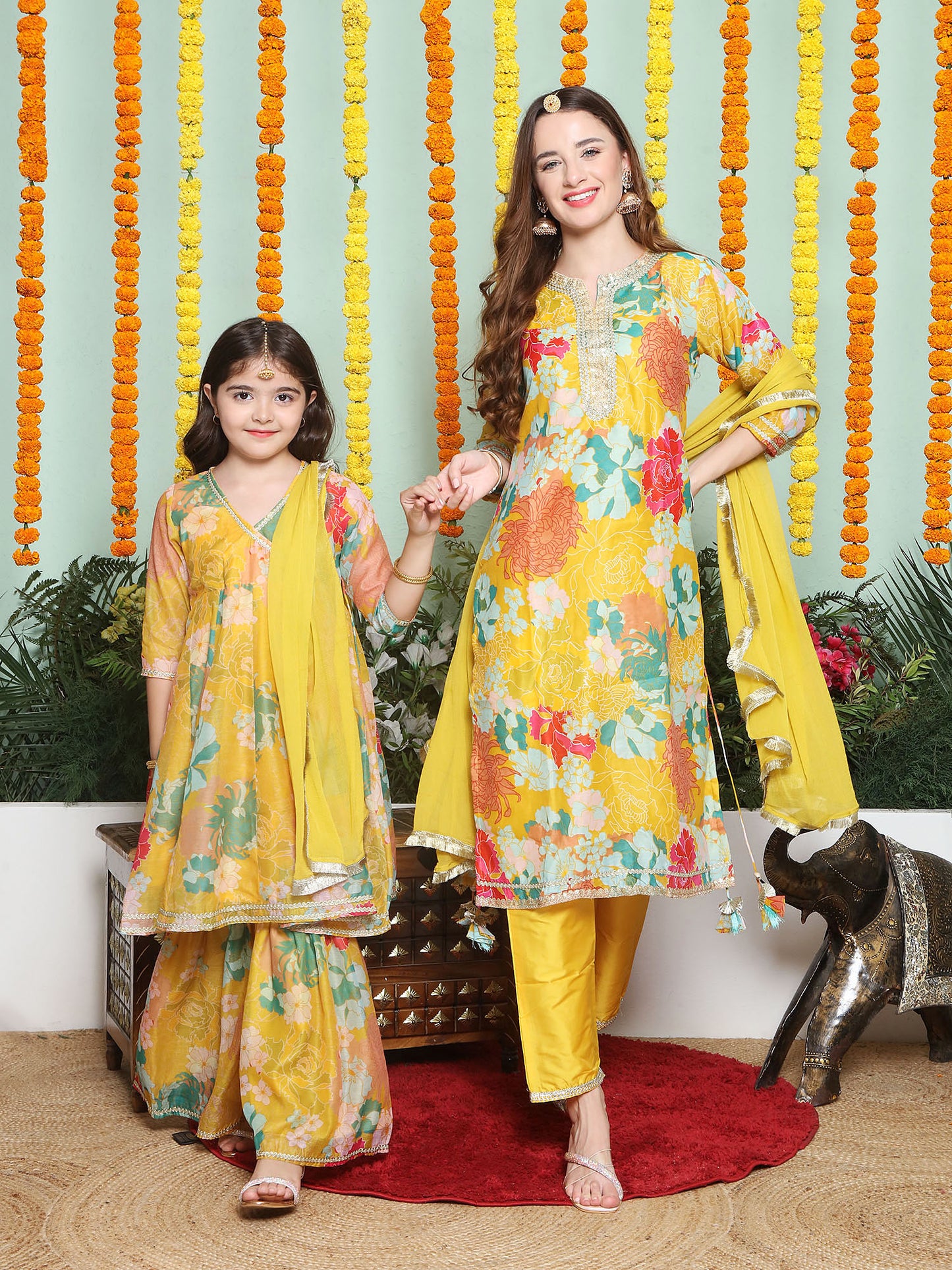 Yellow Multi Printed A- LINE Kurta Set For Women & Angrakha Anarkali Kurta Set For Girl.