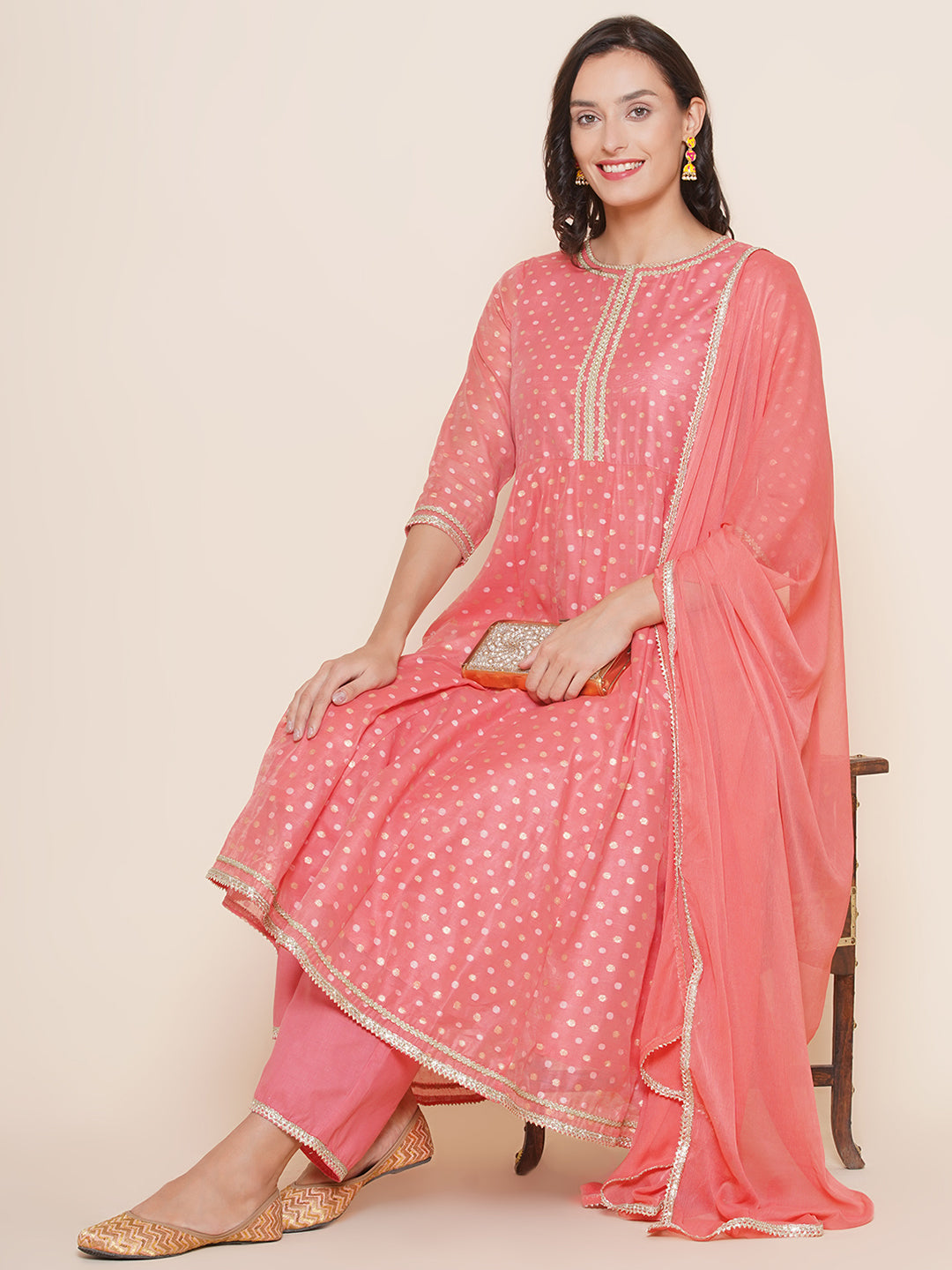 Peach Modal Jacquard Booti Anarkali Kurta Set For Women & Anarkali Kurta Set for Girl