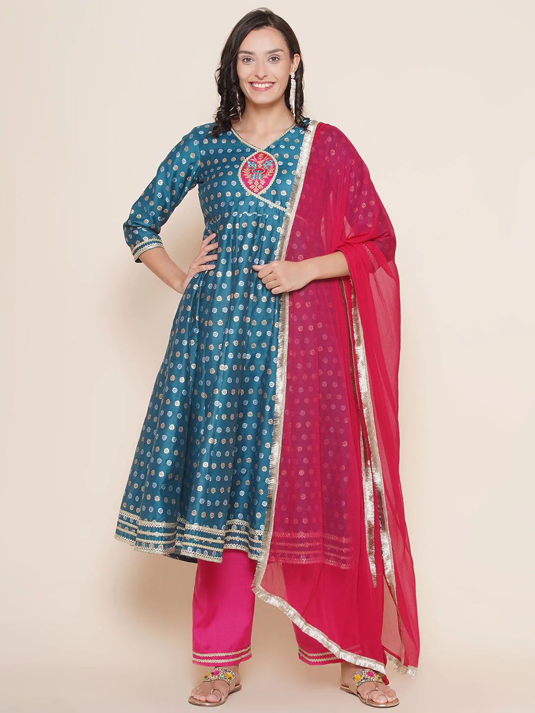 Blue Jacquard Booti Anarkali Kurta Set For Women & Sharara Kurta Set For Girl.
