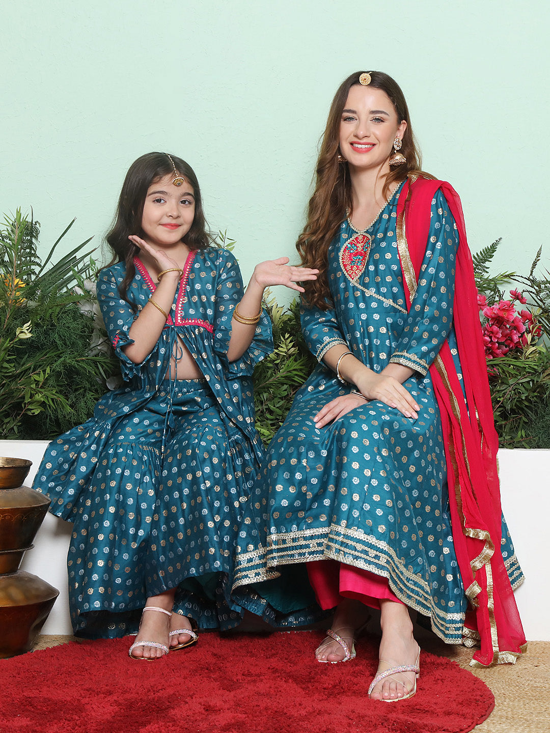 Blue Jacquard Booti Anarkali Kurta Set For Women & Sharara Kurta Set For Girl.