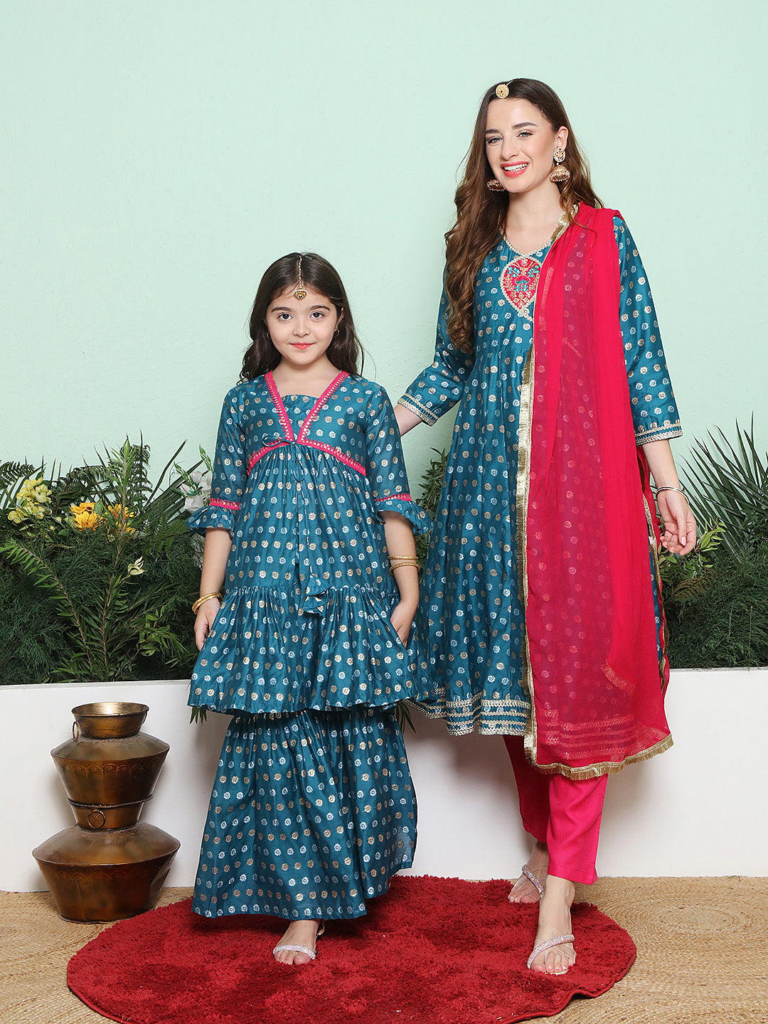 Blue Jacquard Booti Anarkali Kurta Set For Women & Sharara Kurta Set For Girl.
