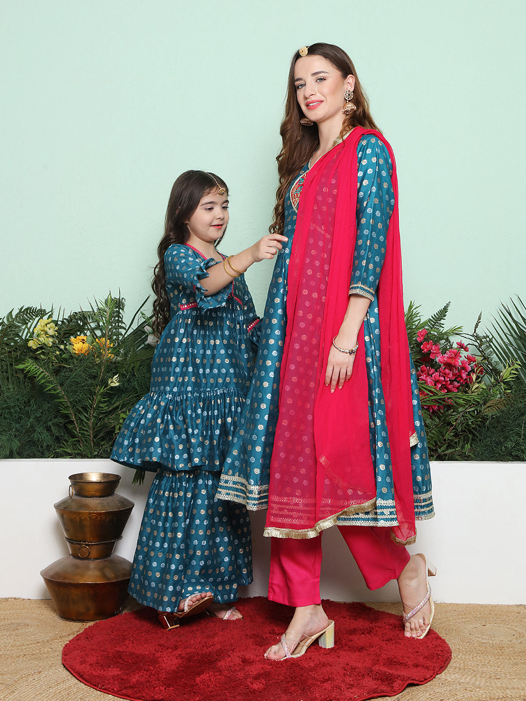 Blue Jacquard Booti Anarkali Kurta Set For Women & Sharara Kurta Set For Girl.
